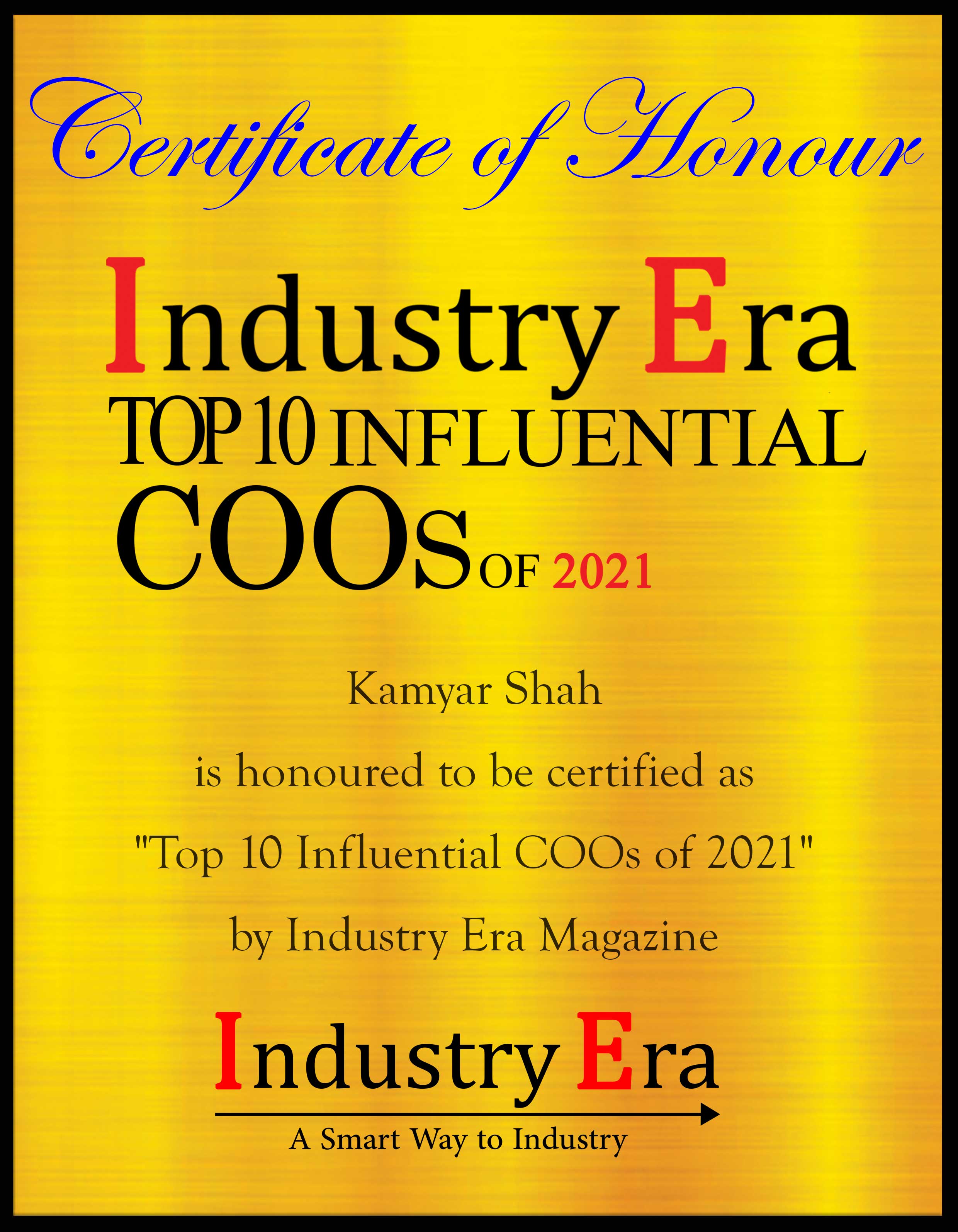Kamyar Chief Officer, Top 10 Influential COOs of 2021 | Industry Era