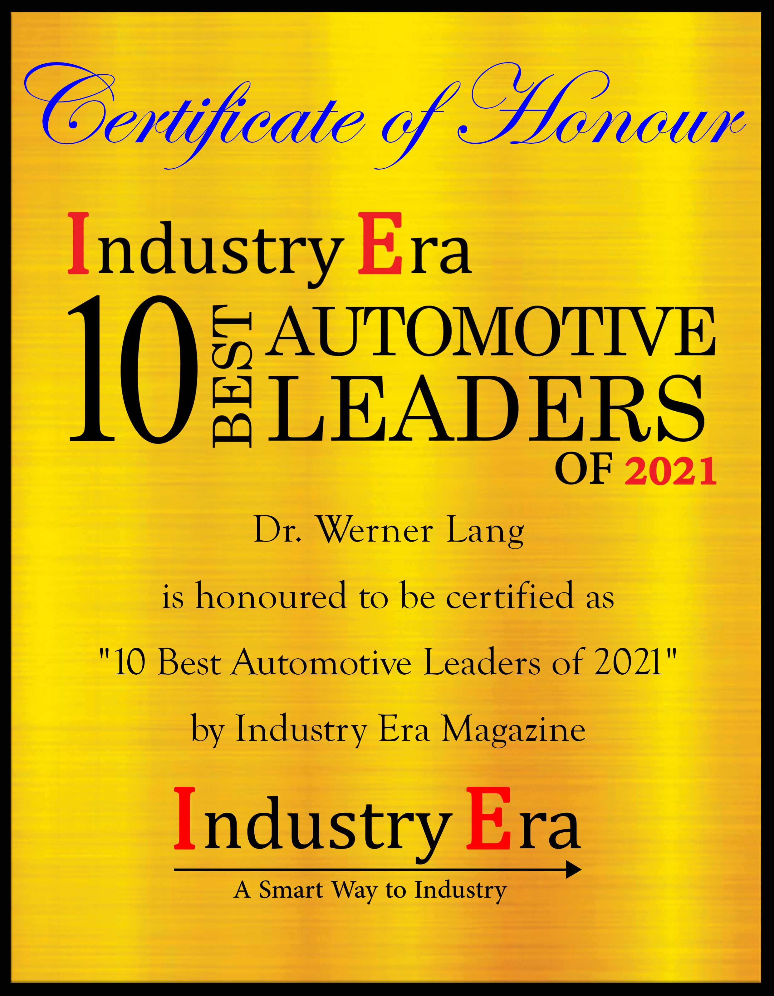 Dr. Werner Lang, Managing Directors of MEKRA Lang GmbH & Co. KG Certificate