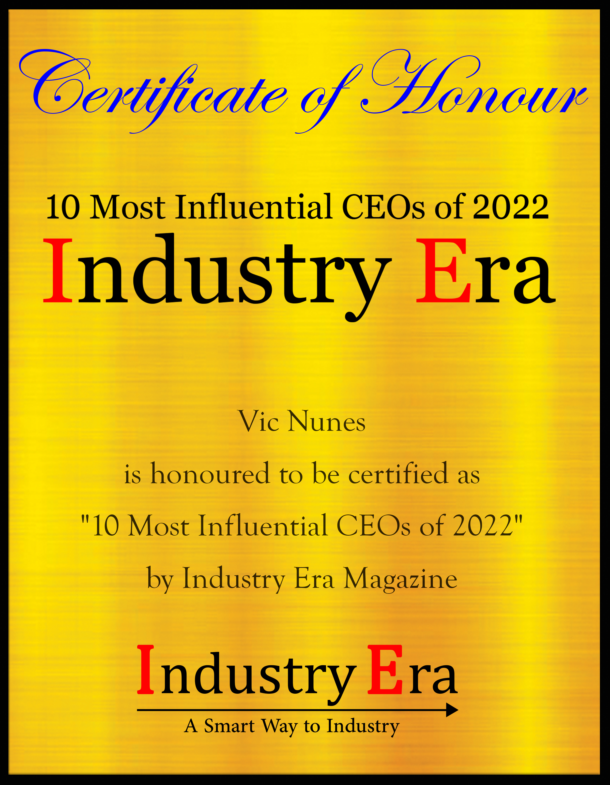 Vic Nunes, CEO & Founder of QMed Innovations Inc Certificate