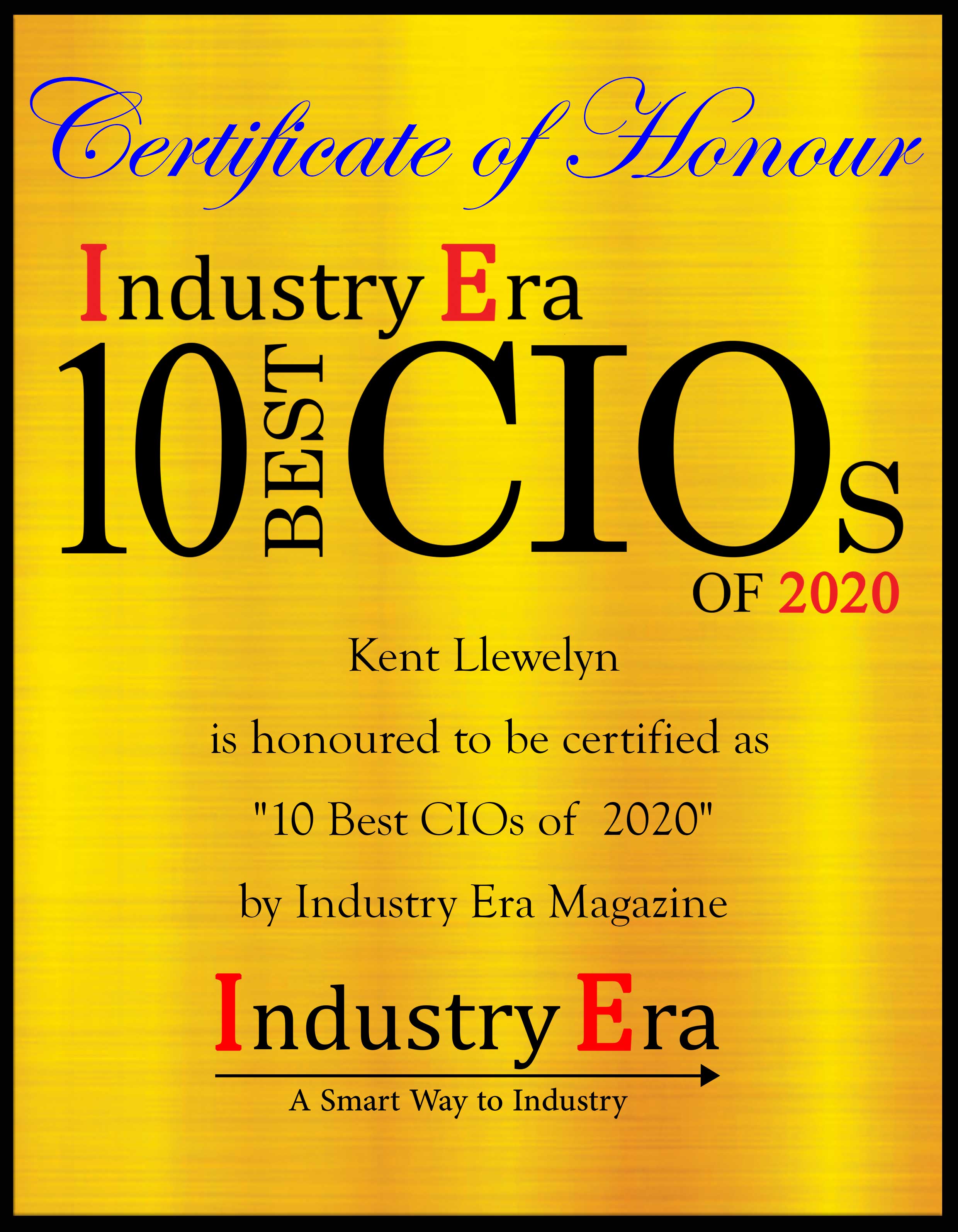Kent Llewelyn CIO & CTO TAB Bank Certificate